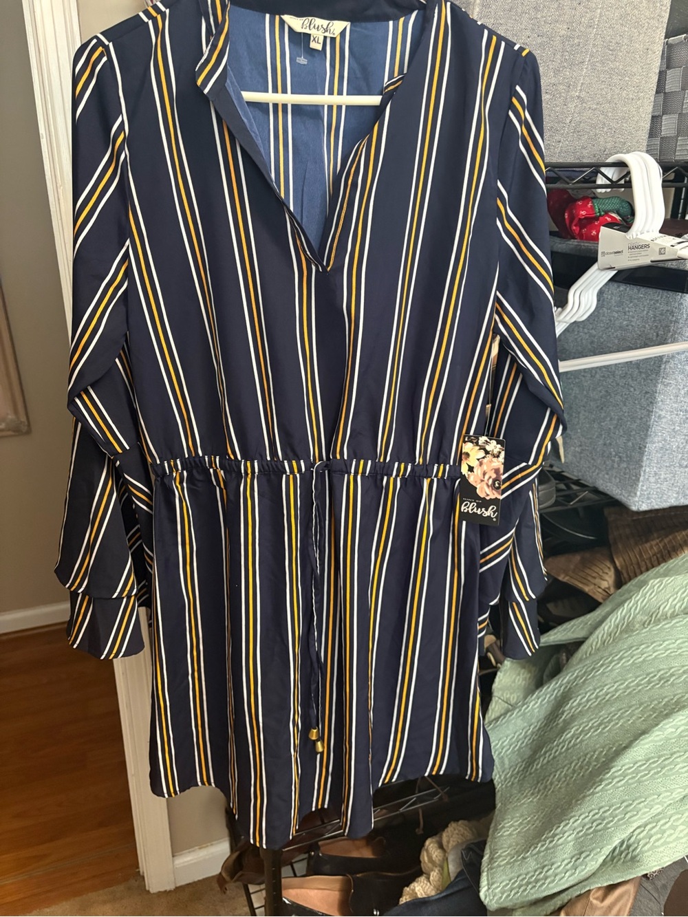 Ladies new Blush Navy, White & Yellow Vertical Stripe V-Neck Drawstring Dress